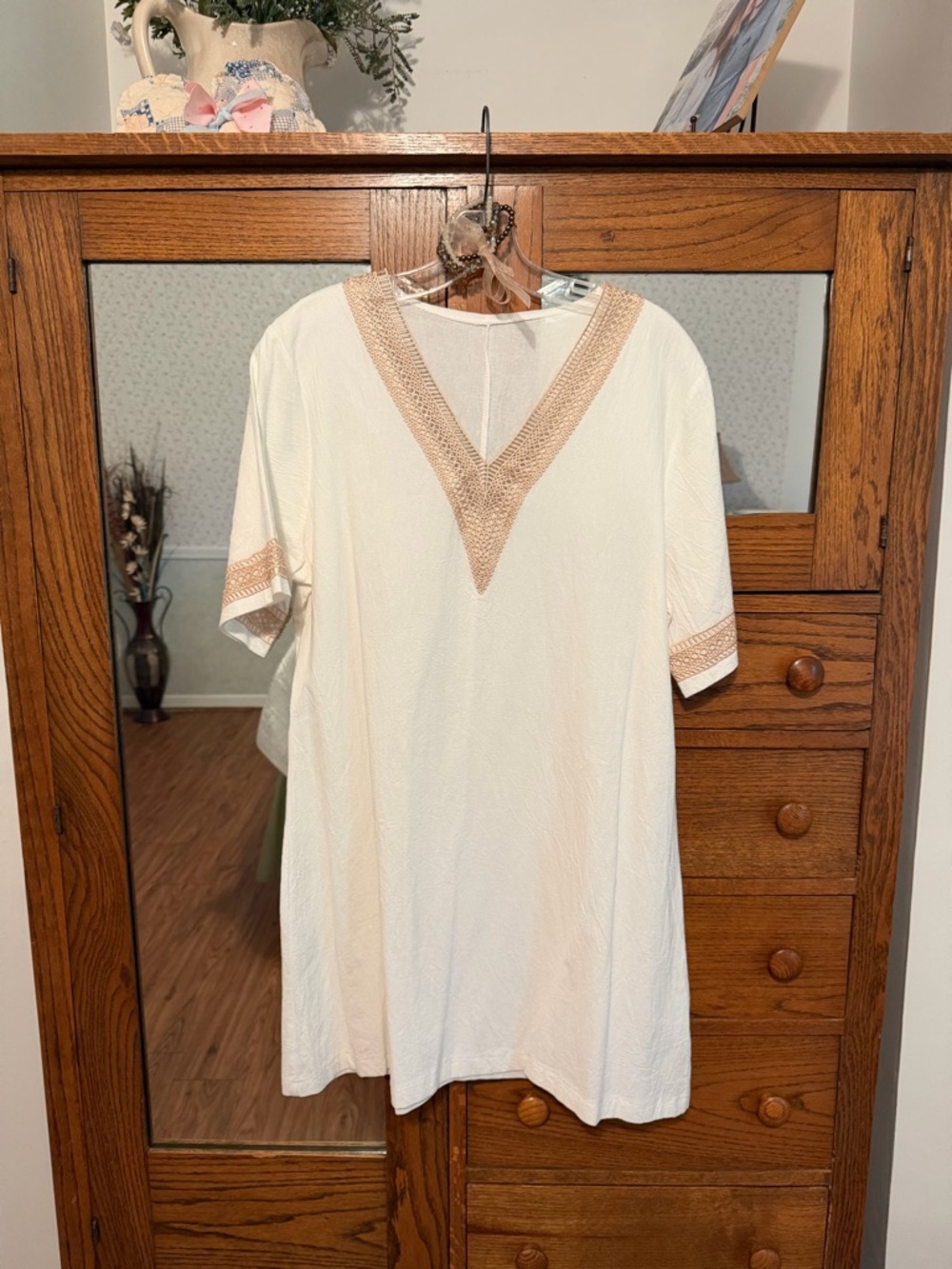 White V-Neck Dress with Ecru Trim